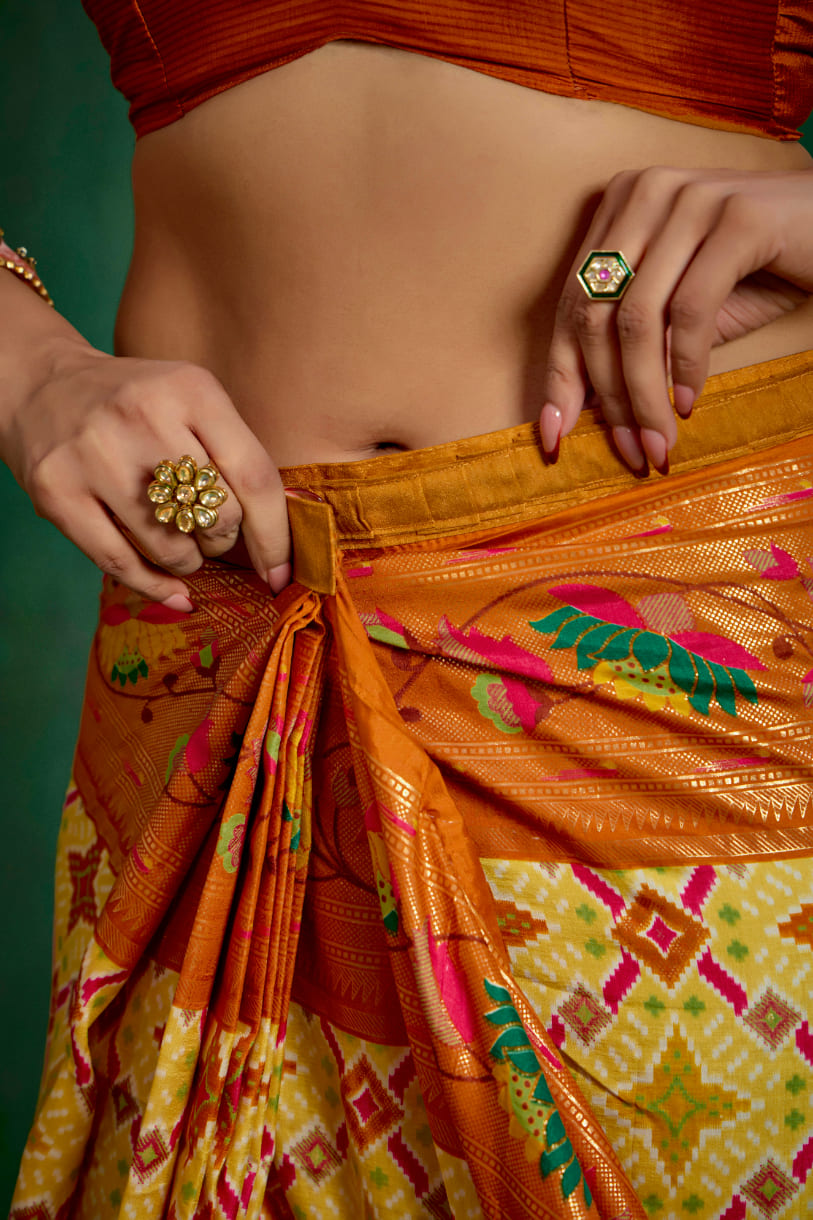 Shop Cotton Silk Orange Yellow Ikkat Print Ready to Wear Saree - Elegant & Comfortable Styles