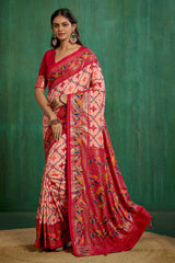 Shop Peachy Pink Cotton Silk Ikkat Print Ready to Wear Saree - Elegant & Comfortable Styles