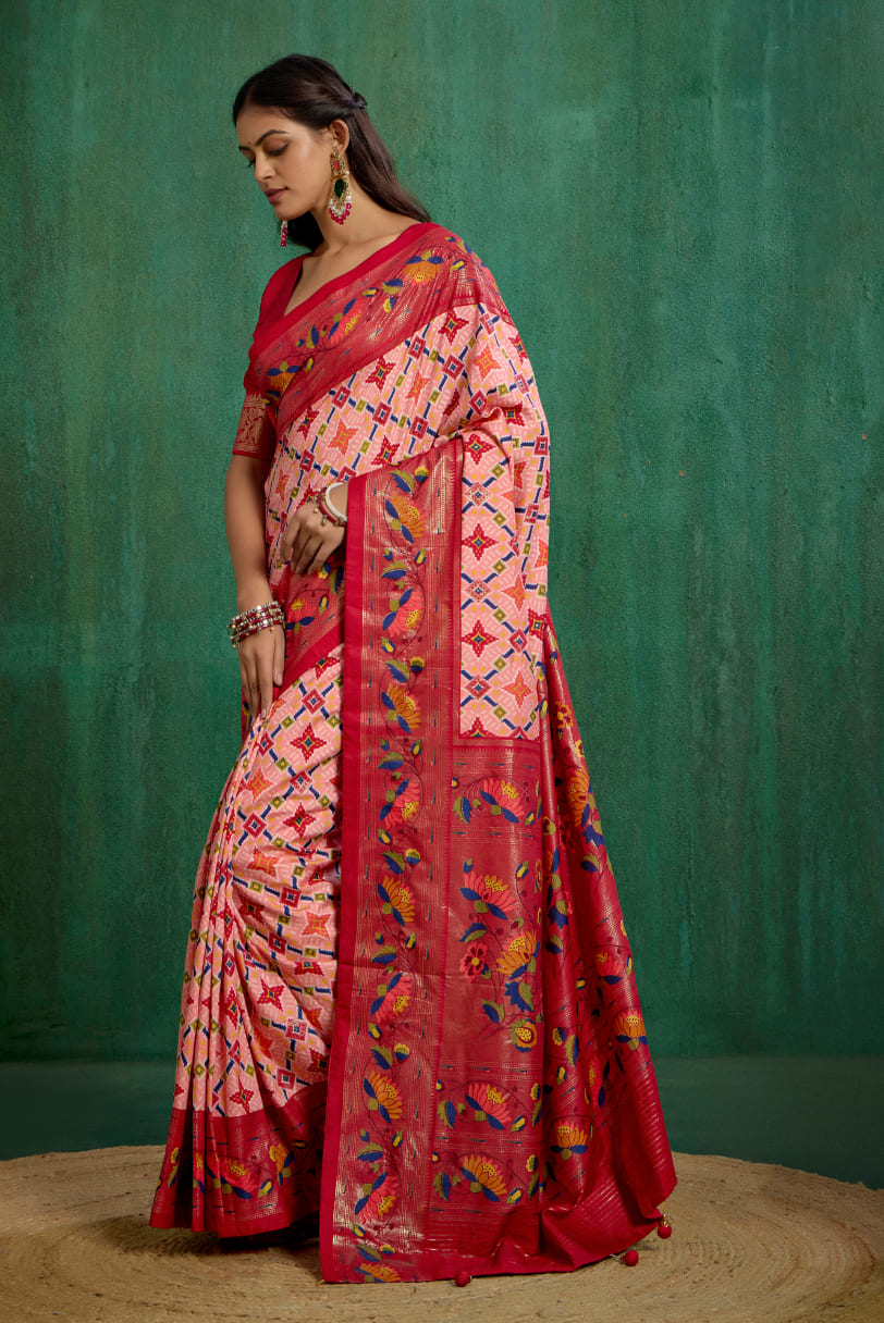 Shop Peachy Pink Cotton Silk Ikkat Print Ready to Wear Saree - Elegant & Comfortable Styles