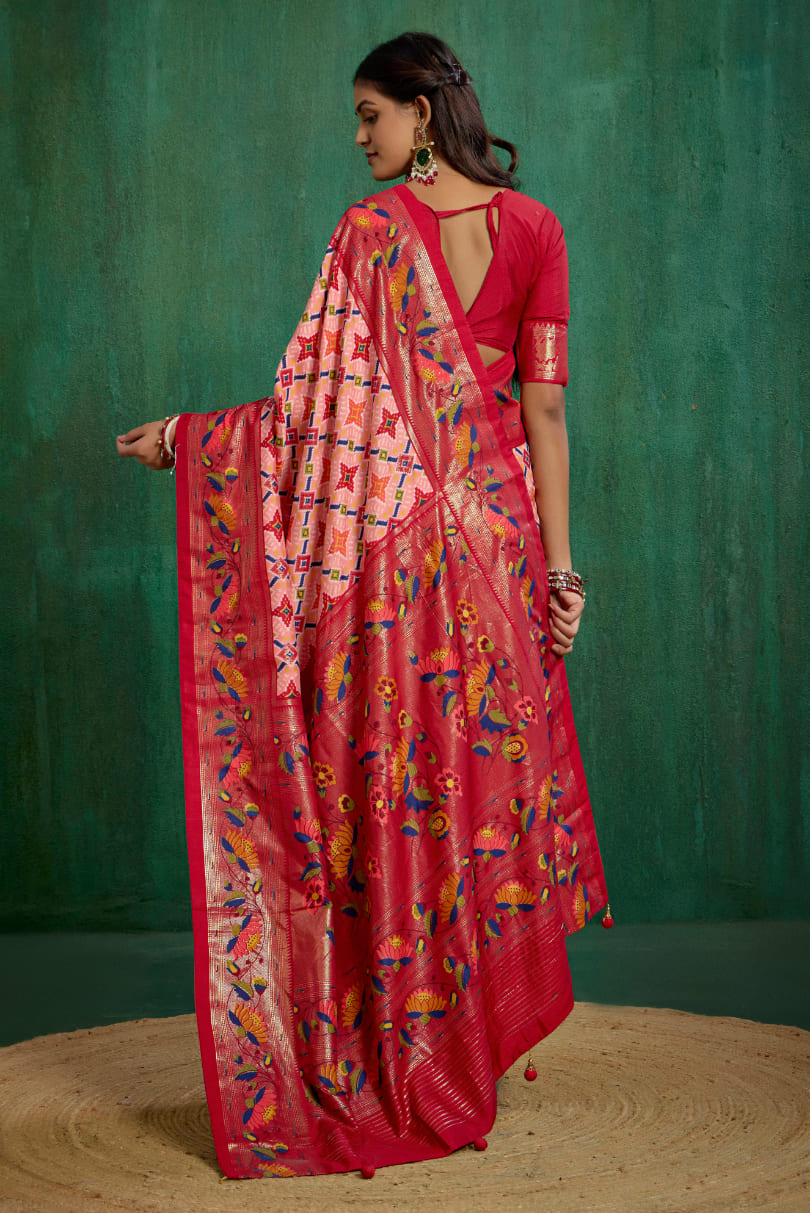 Shop Peachy Pink Cotton Silk Ikkat Print Ready to Wear Saree - Elegant & Comfortable Styles