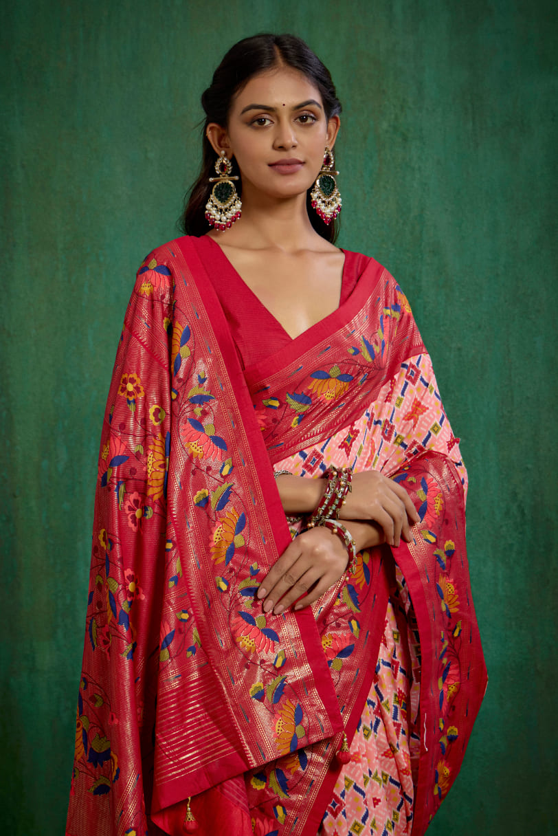 Shop Peachy Pink Cotton Silk Ikkat Print Ready to Wear Saree - Elegant & Comfortable Styles