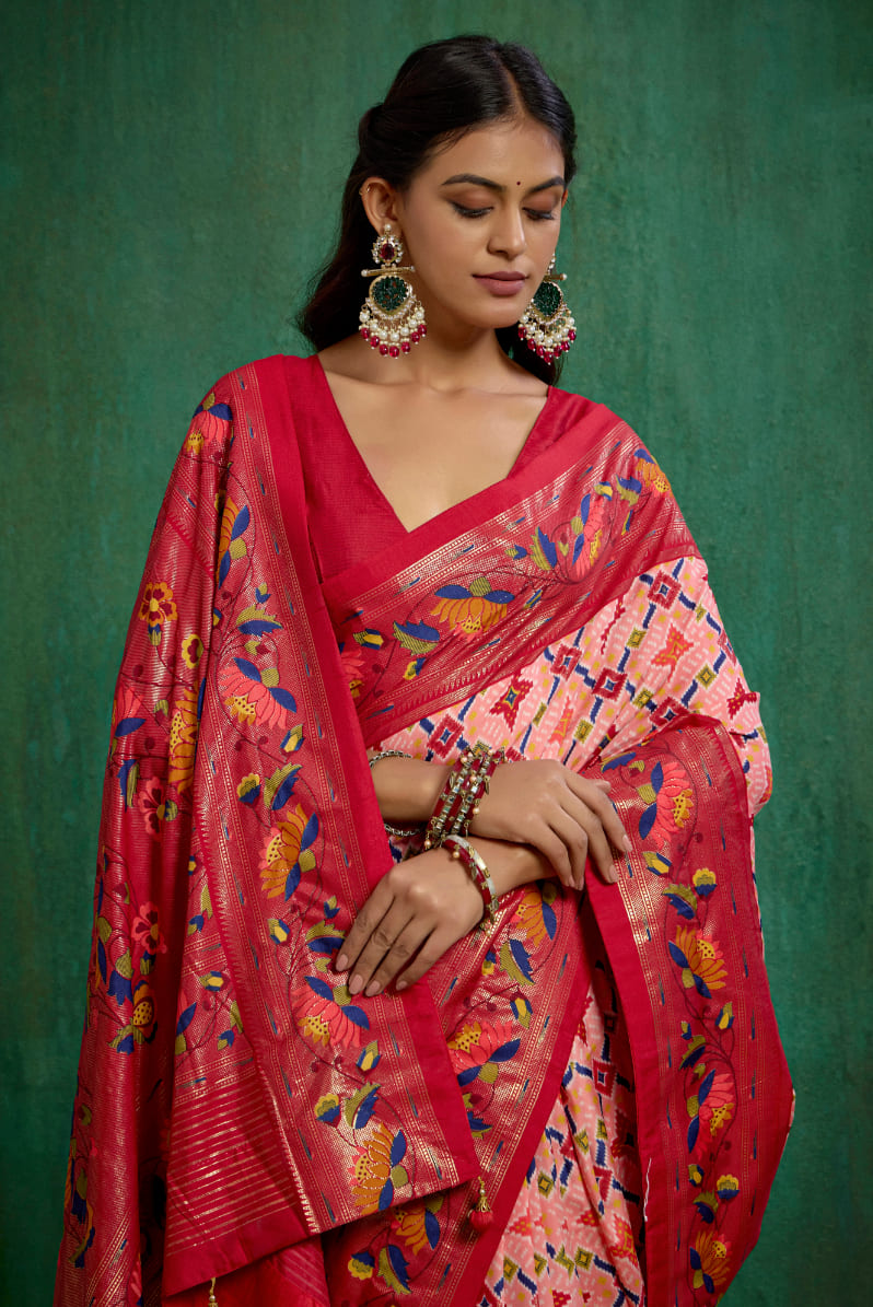 Shop Peachy Pink Cotton Silk Ikkat Print Ready to Wear Saree - Elegant & Comfortable Styles