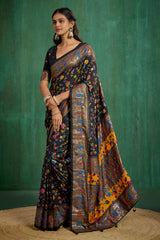 Shop Black Velvet Tussar Silk Floral Print Ready to Wear Saree Online - Best Prices