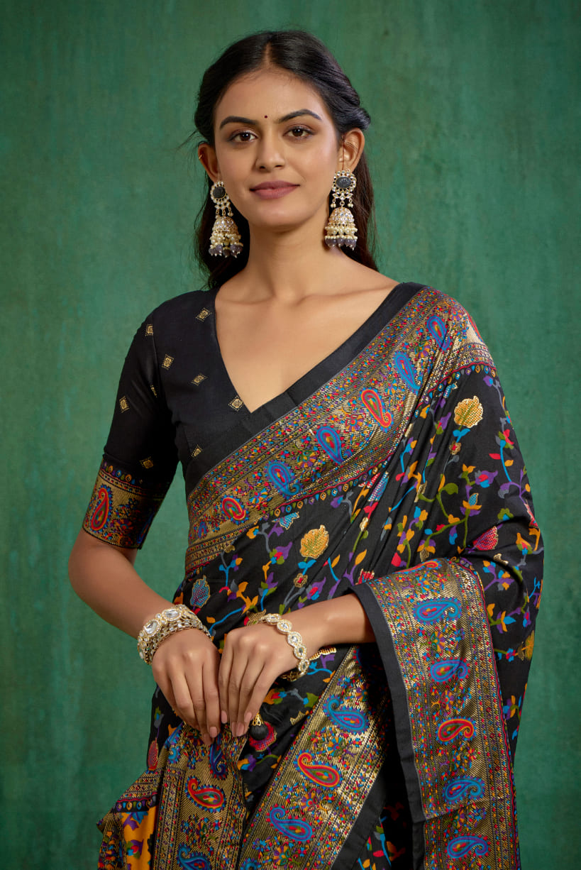 Shop Black Velvet Tussar Silk Floral Print Ready to Wear Saree Online - Best Prices