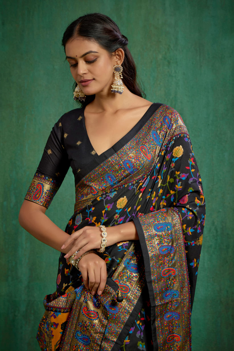 Shop Black Velvet Tussar Silk Floral Print Ready to Wear Saree Online - Best Prices