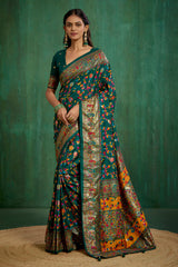 Shop Pine Green Velvet Tussar Silk Floral Print Ready to Wear Saree Online - Best Prices