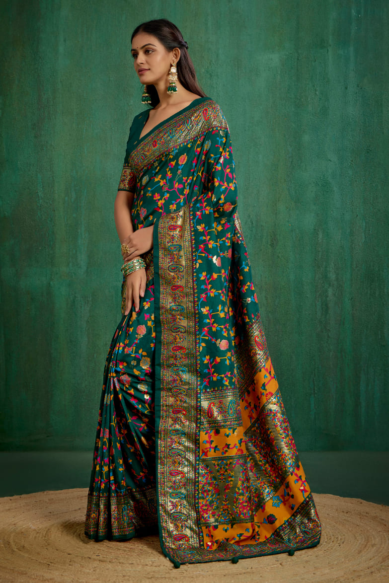 Shop Pine Green Velvet Tussar Silk Floral Print Ready to Wear Saree Online - Best Prices