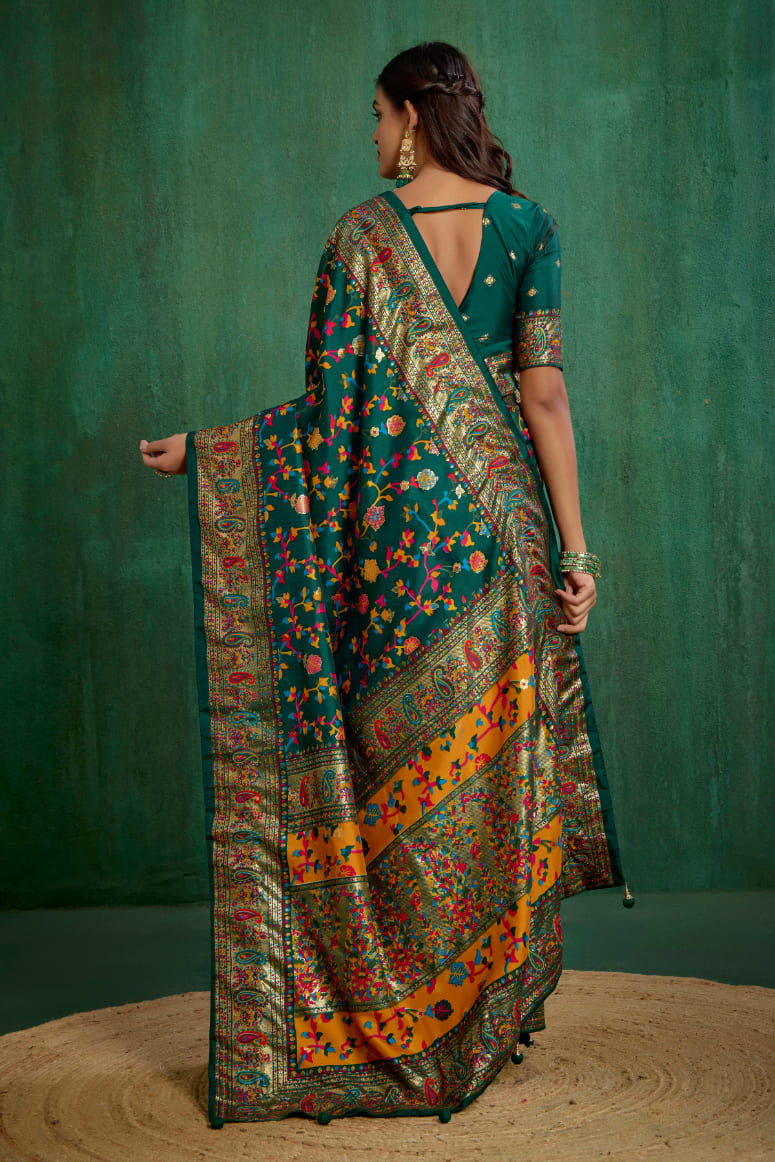 Shop Pine Green Velvet Tussar Silk Floral Print Ready to Wear Saree Online - Best Prices