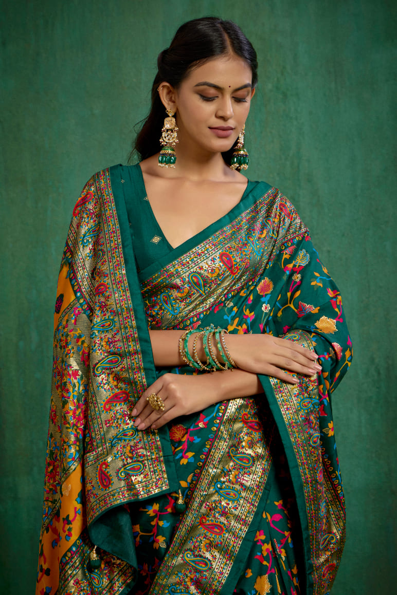 Shop Pine Green Velvet Tussar Silk Floral Print Ready to Wear Saree Online - Best Prices