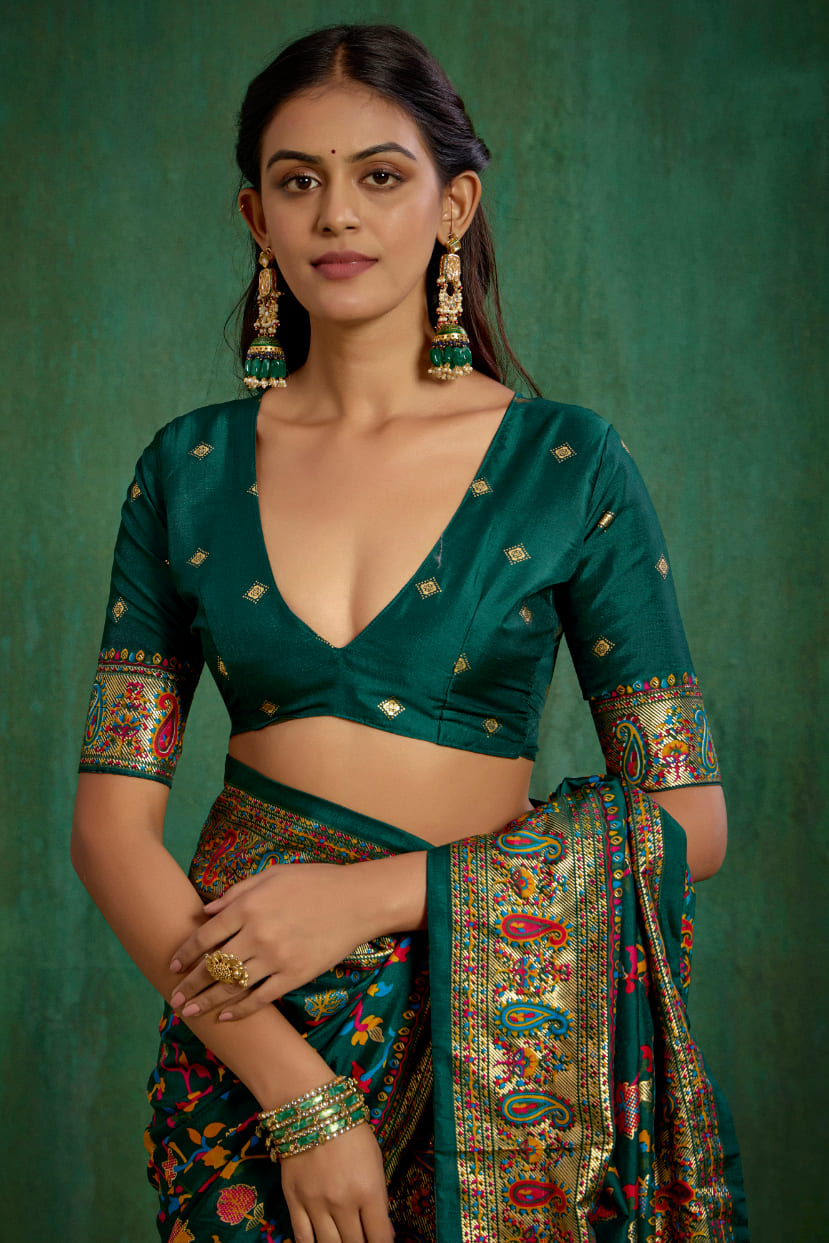 Shop Pine Green Velvet Tussar Silk Floral Print Ready to Wear Saree Online - Best Prices