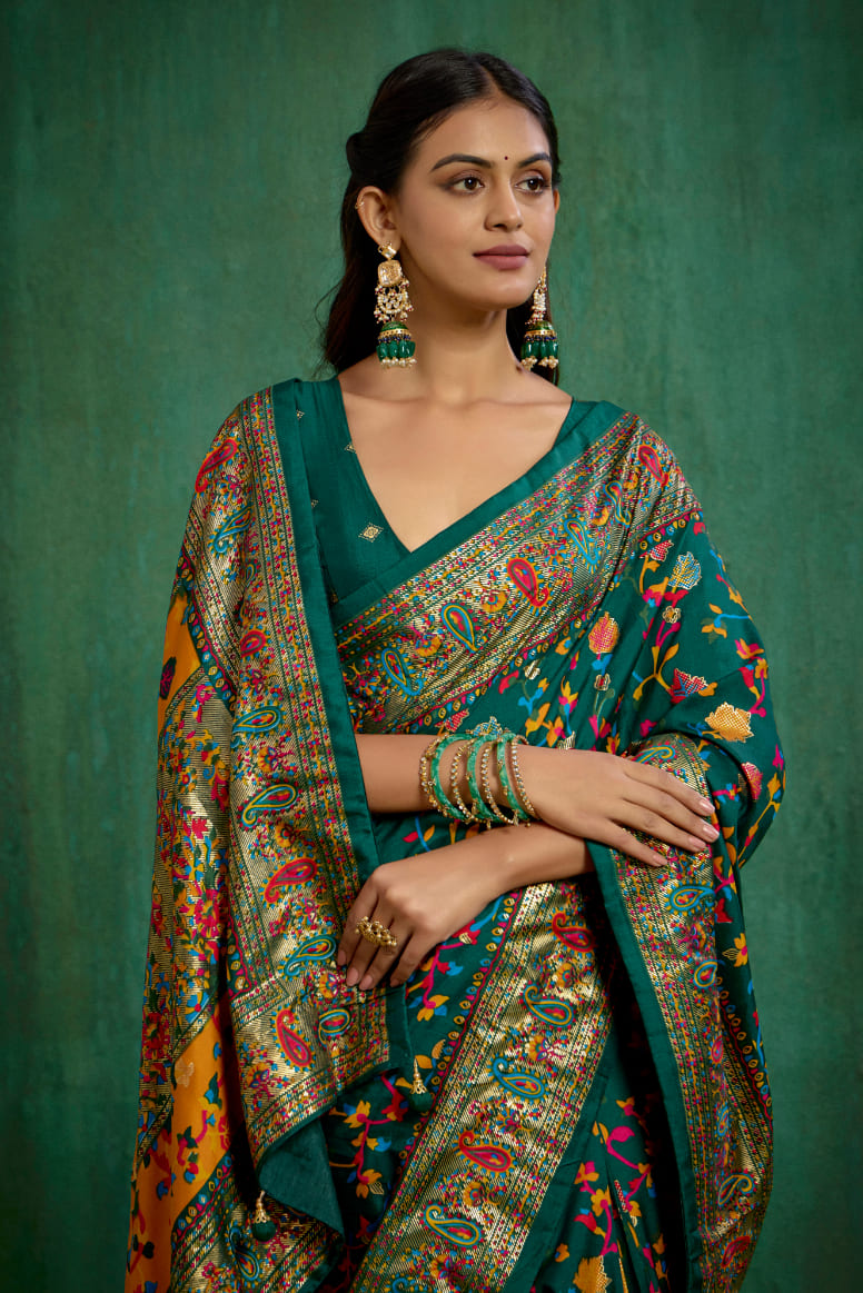 Shop Pine Green Velvet Tussar Silk Floral Print Ready to Wear Saree Online - Best Prices