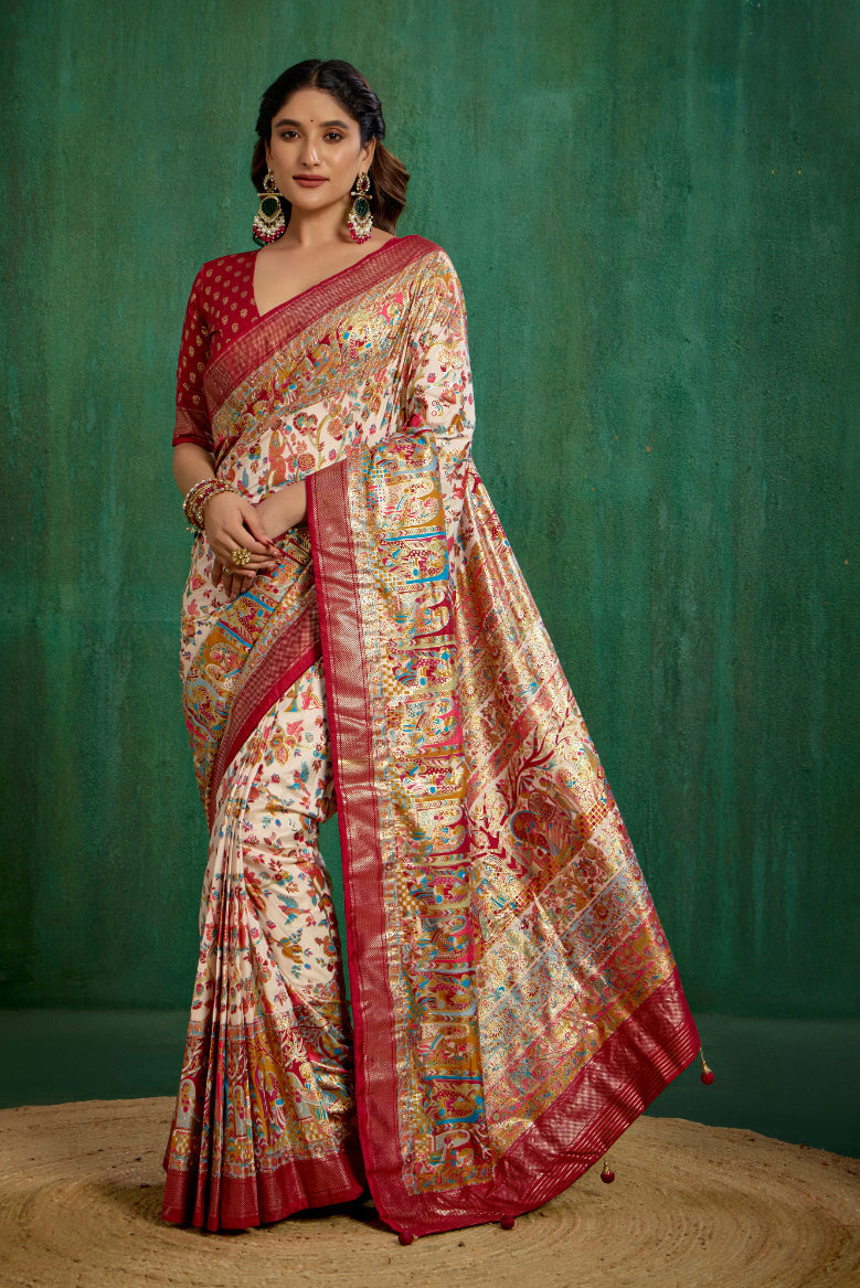 Shop Off White Elegant Tussar Silk Saree with Ethnic Motif - Ready to Wear Collection