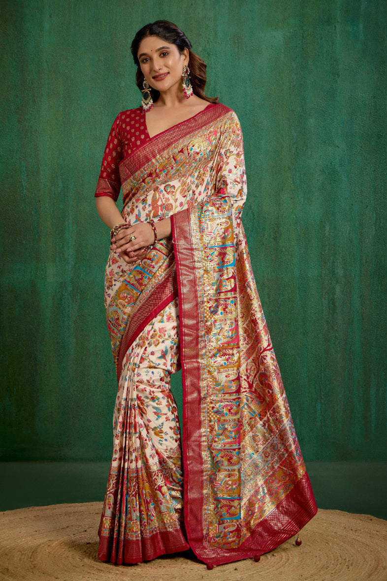 Shop Off White Elegant Tussar Silk Saree with Ethnic Motif - Ready to Wear Collection