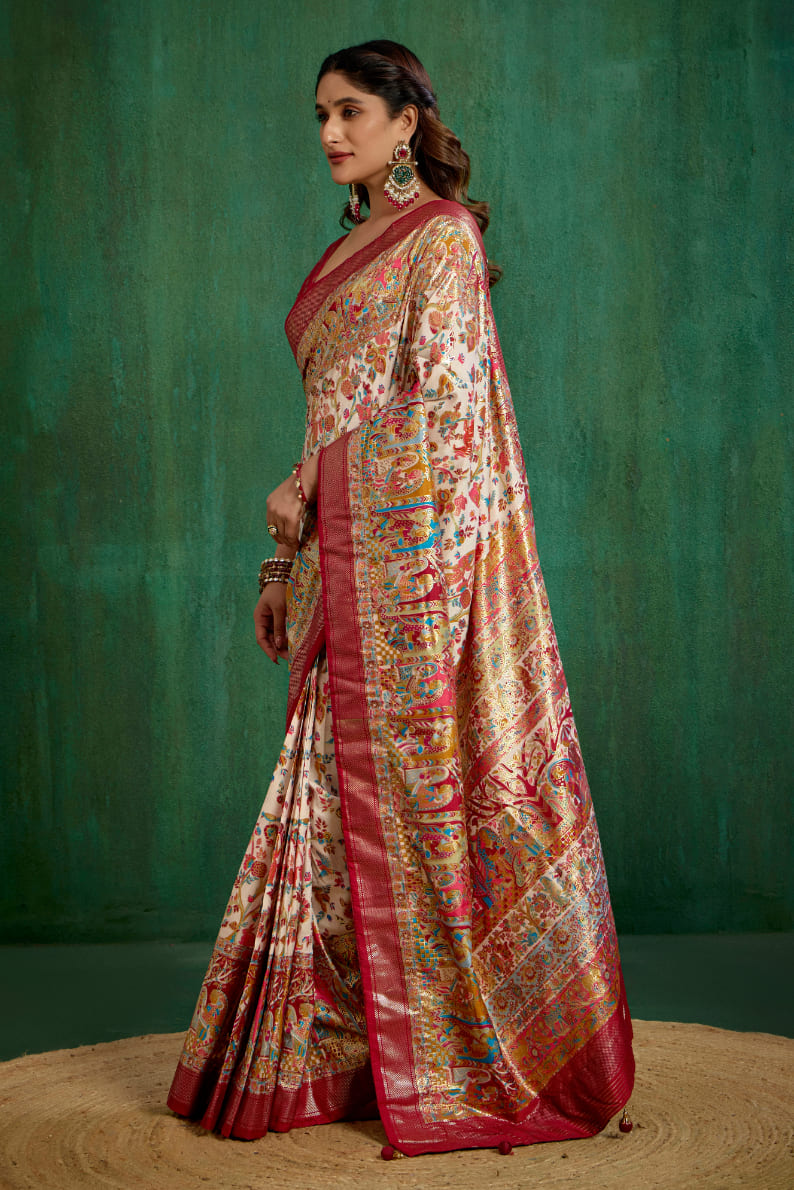 Shop Off White Elegant Tussar Silk Saree with Ethnic Motif - Ready to Wear Collection