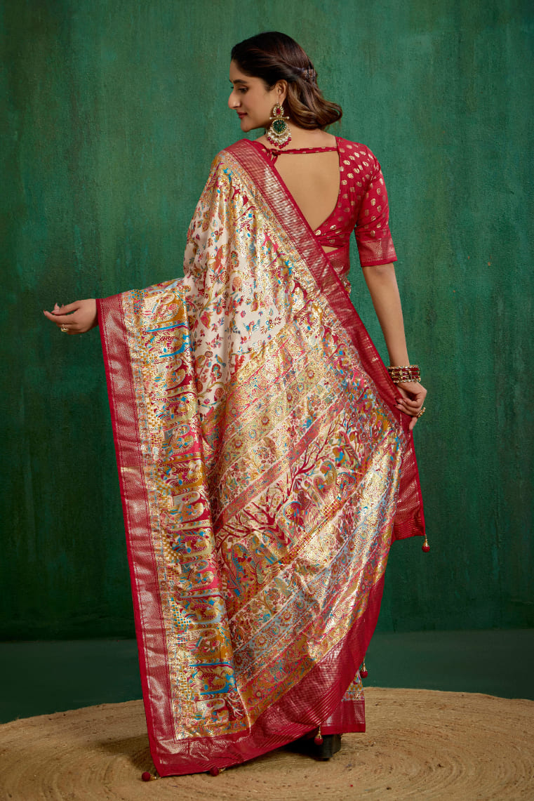 Shop Off White Elegant Tussar Silk Saree with Ethnic Motif - Ready to Wear Collection