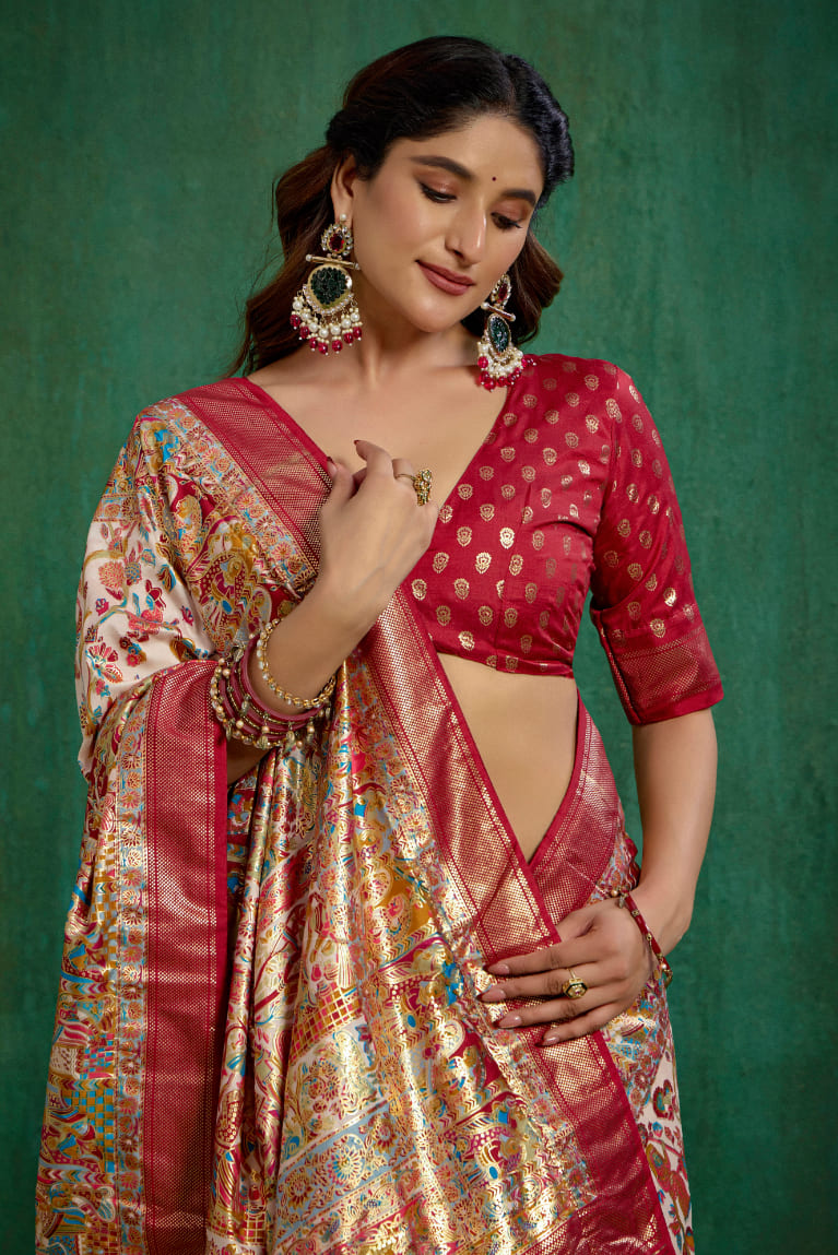 Shop Off White Elegant Tussar Silk Saree with Ethnic Motif - Ready to Wear Collection