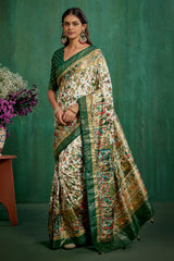 Shop Off White Elegant Tussar Silk Saree with Ethnic Motif - Ready to Wear Collection