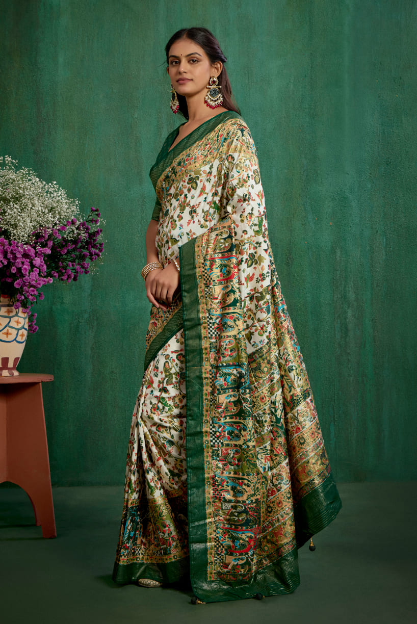 Shop Off White Elegant Tussar Silk Saree with Ethnic Motif - Ready to Wear Collection