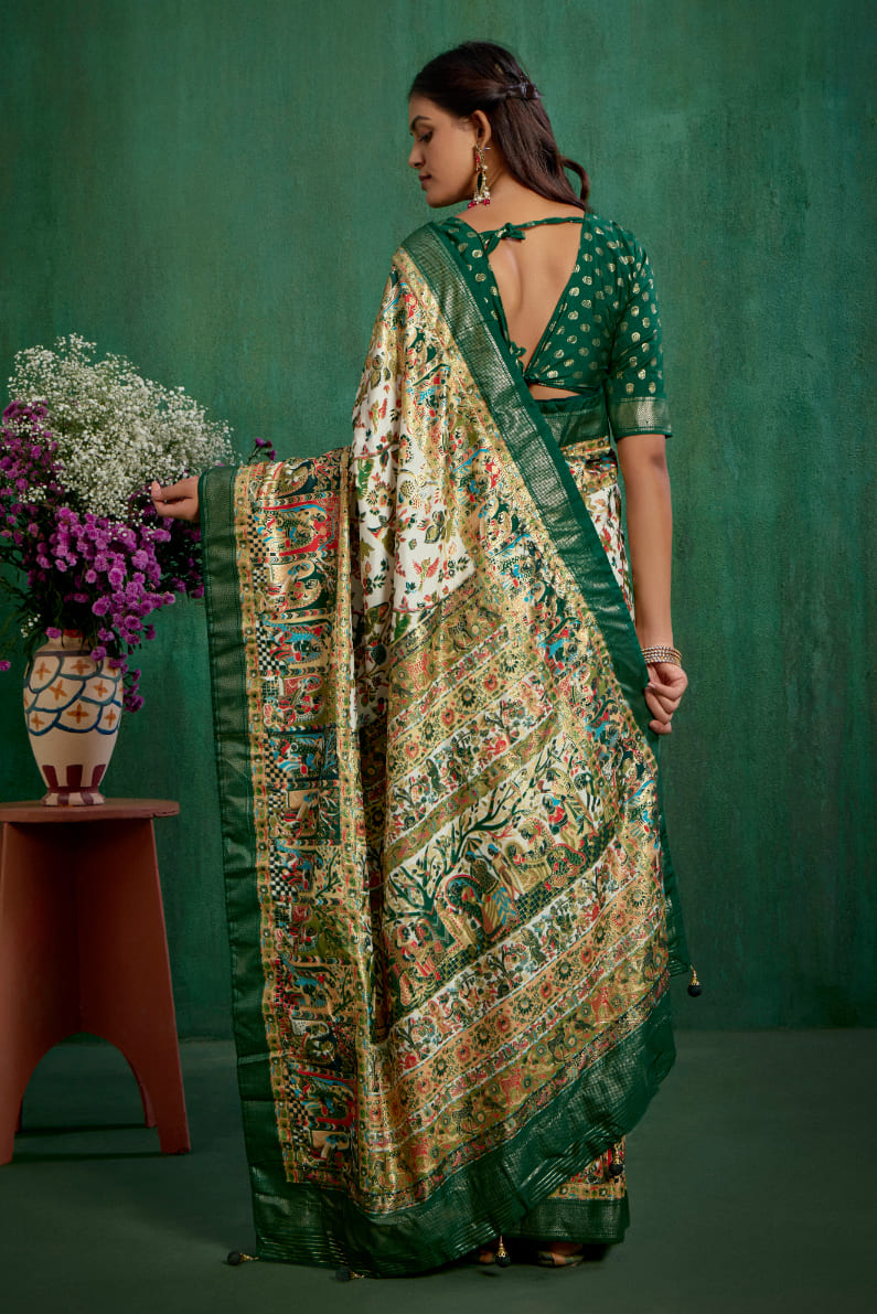 Shop Off White Elegant Tussar Silk Saree with Ethnic Motif - Ready to Wear Collection