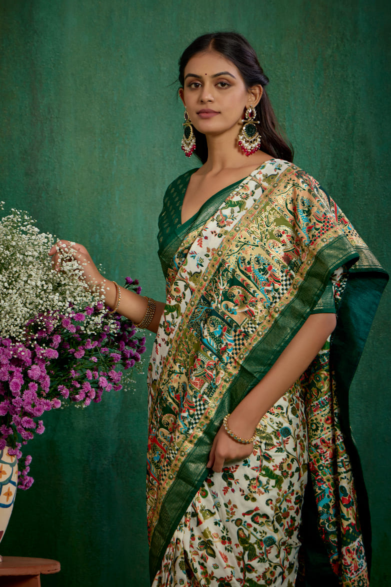 Shop Off White Elegant Tussar Silk Saree with Ethnic Motif - Ready to Wear Collection