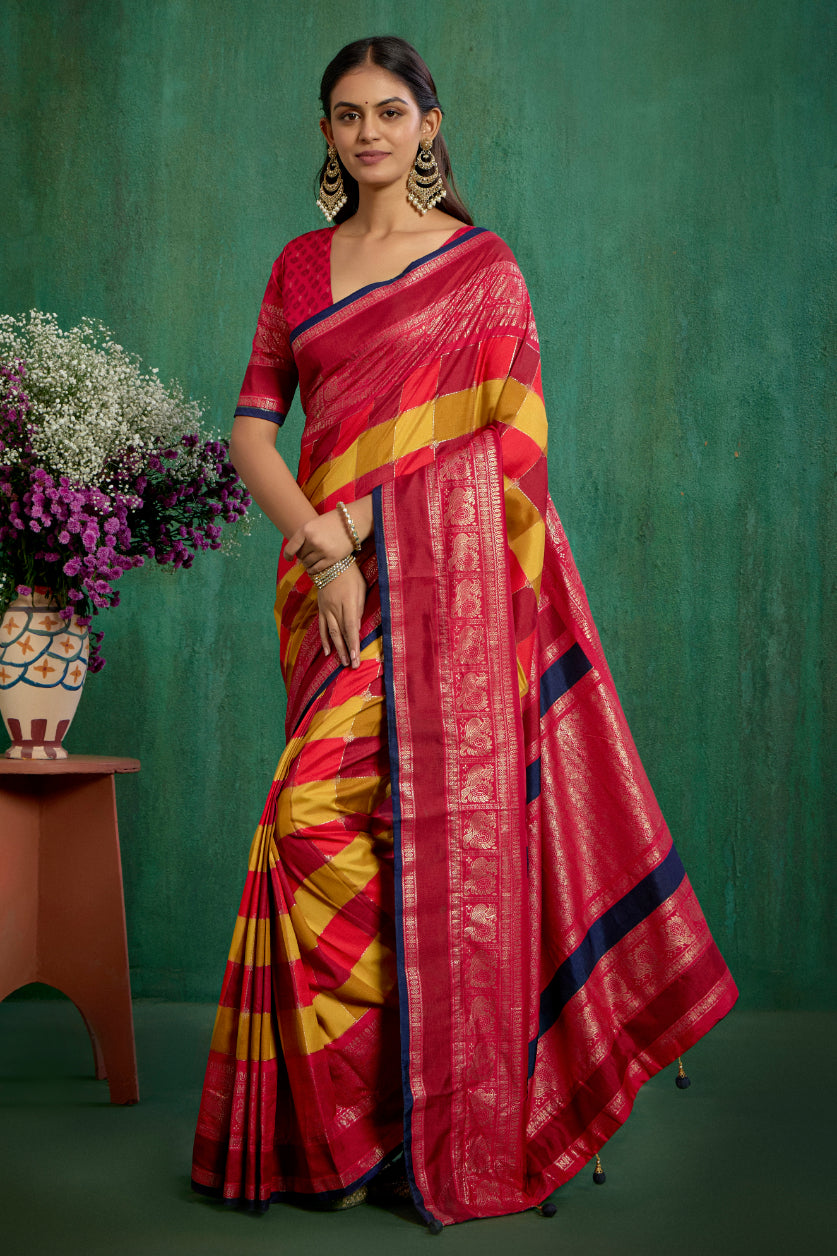 Shop Multi Elegant Tussar Silk Block Print Ready to Wear Sarees Online - Best Prices