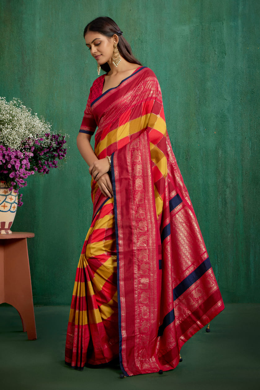 Shop Multi Elegant Tussar Silk Block Print Ready to Wear Sarees Online - Best Prices