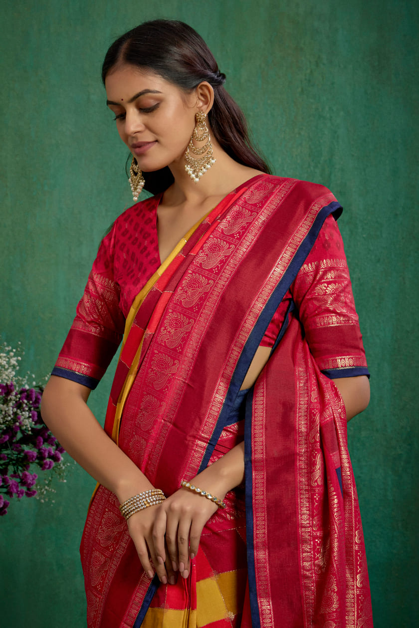 Shop Multi Elegant Tussar Silk Block Print Ready to Wear Sarees Online - Best Prices