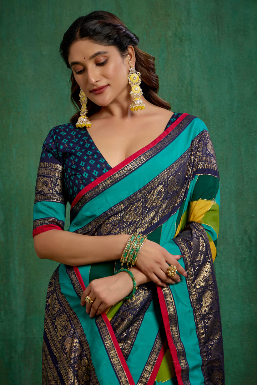 Shop Multi Elegant Tussar Silk Block Print Ready to Wear Sarees Online - Best Prices