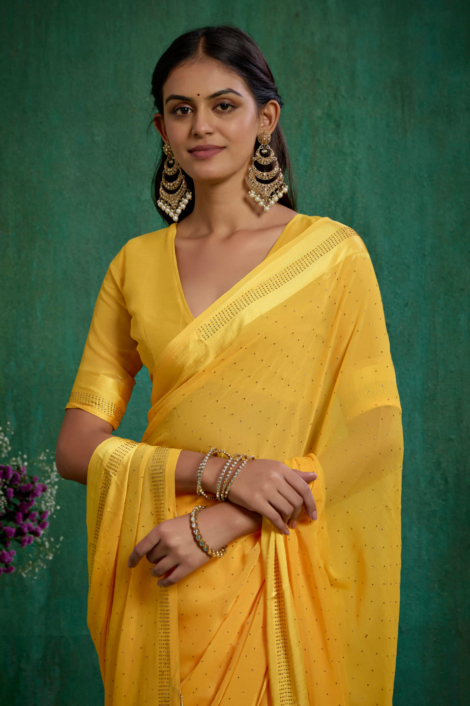 Elegant Yellow Chiffon Swarovski Ready to Wear Saree - Shop Now for Glamorous Style