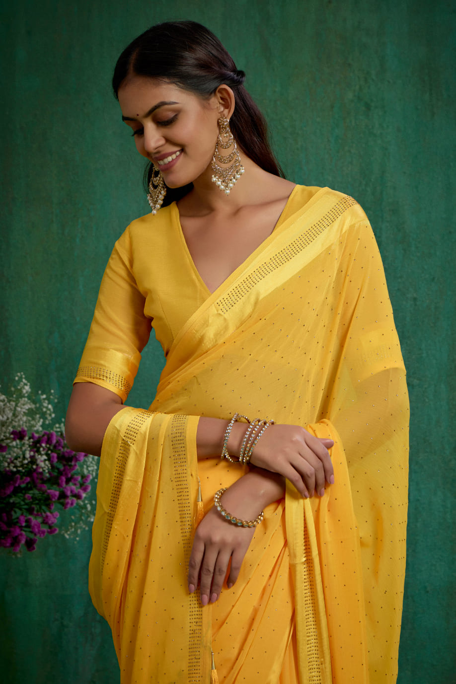 Elegant Yellow Chiffon Swarovski Ready to Wear Saree - Shop Now for Glamorous Style