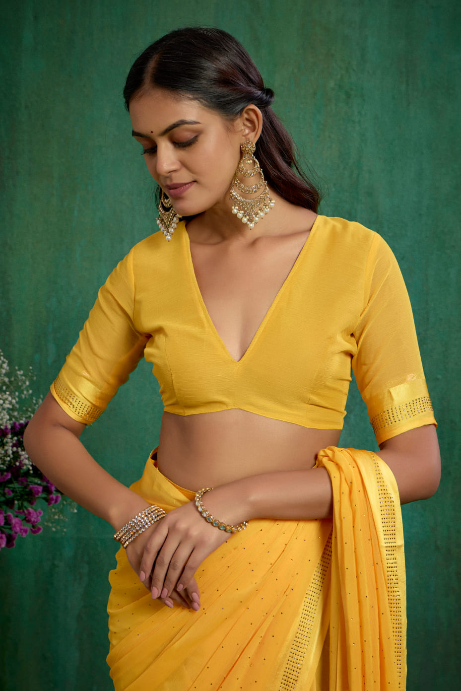 Elegant Yellow Chiffon Swarovski Ready to Wear Saree - Shop Now for Glamorous Style