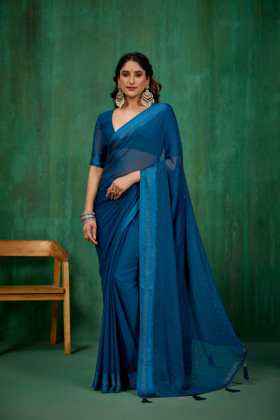 Elegant Teal Chiffon Swarovski Ready to Wear Saree - Shop Now for Glamorous Style