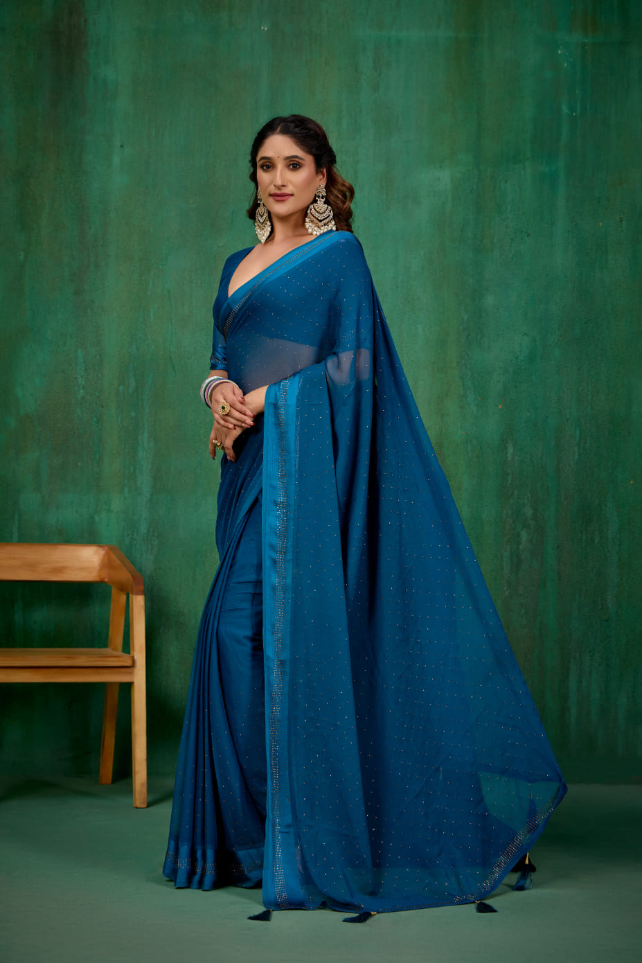 Elegant Teal Chiffon Swarovski Ready to Wear Saree - Shop Now for Glamorous Style