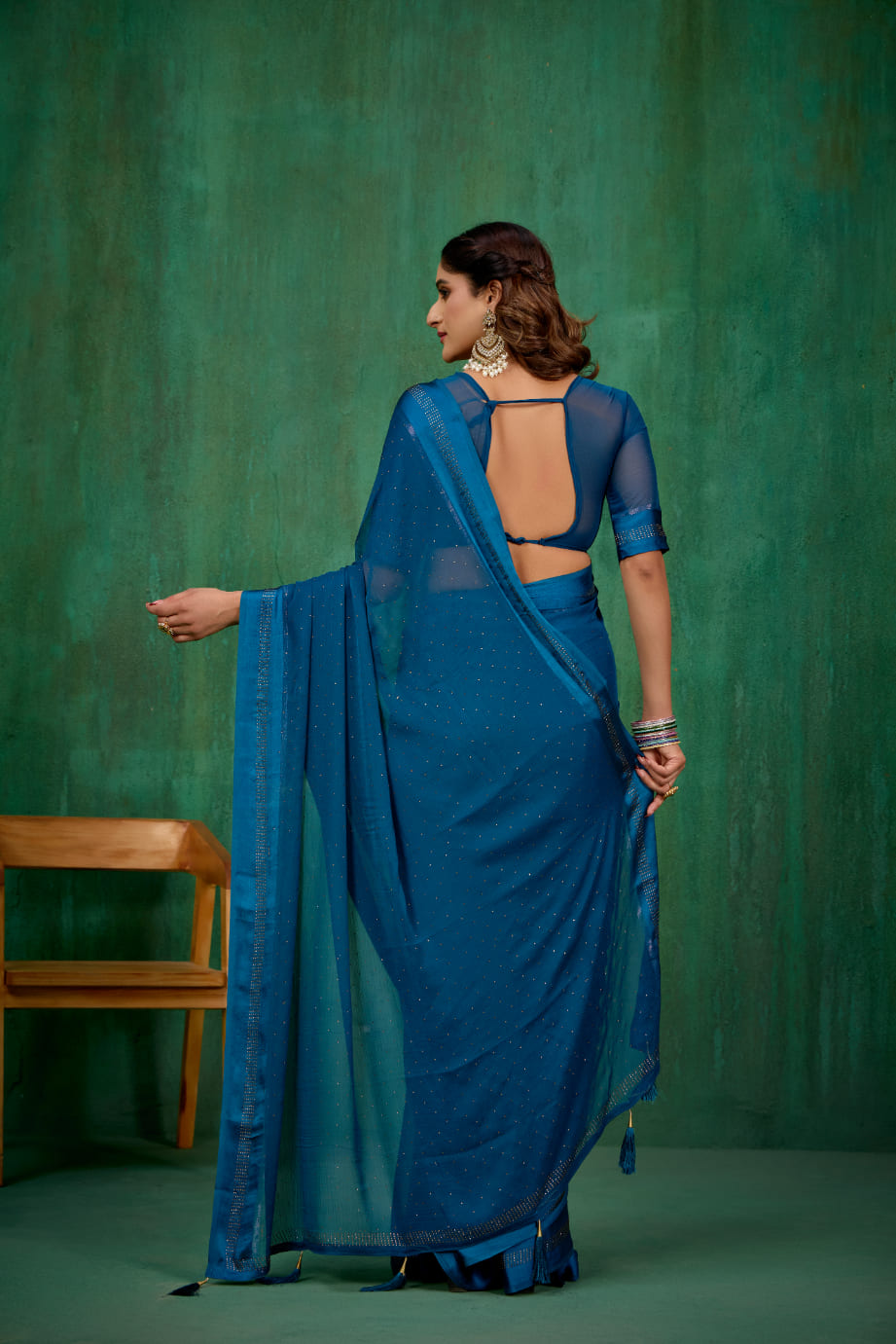 Elegant Teal Chiffon Swarovski Ready to Wear Saree - Shop Now for Glamorous Style