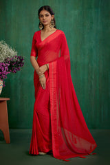 Elegant Red Chiffon Swarovski Ready to Wear Saree - Shop Now for Glamorous Style