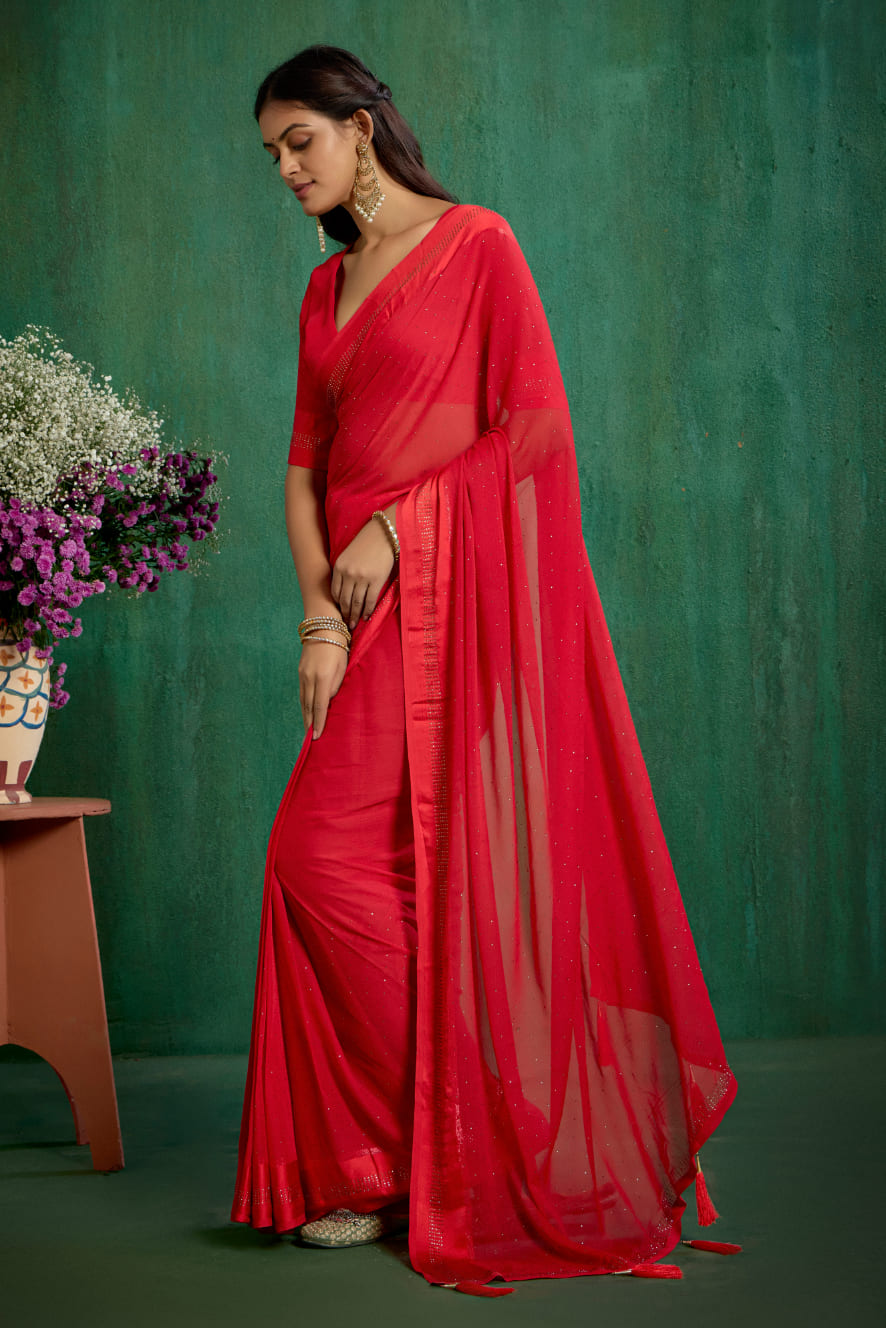 Elegant Red Chiffon Swarovski Ready to Wear Saree - Shop Now for Glamorous Style