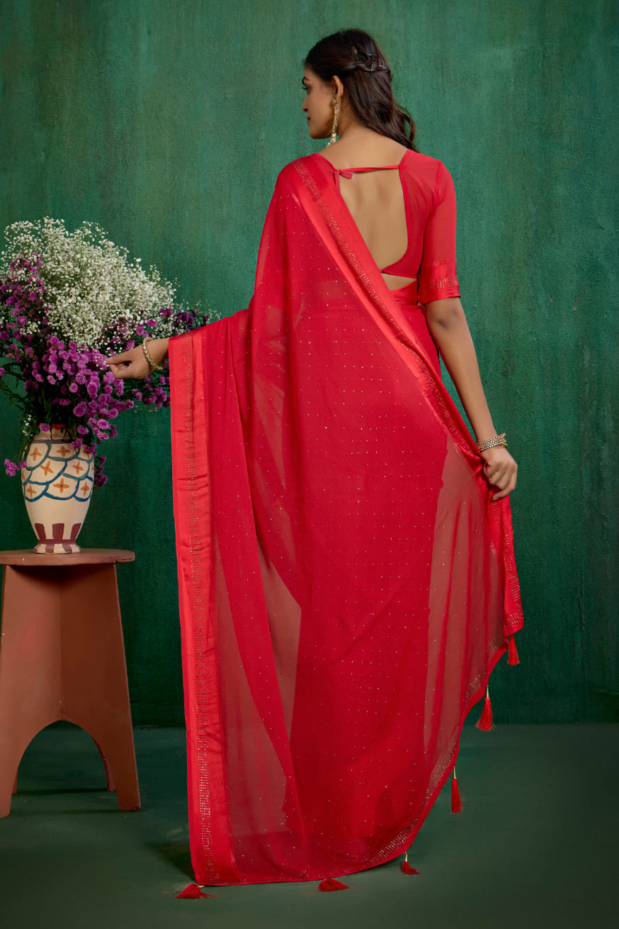 Elegant Red Chiffon Swarovski Ready to Wear Saree - Shop Now for Glamorous Style