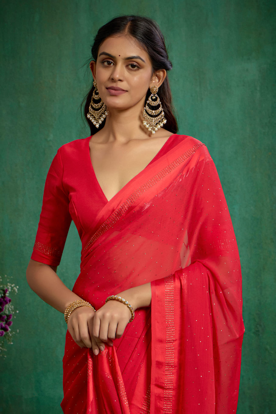 Elegant Red Chiffon Swarovski Ready to Wear Saree - Shop Now for Glamorous Style