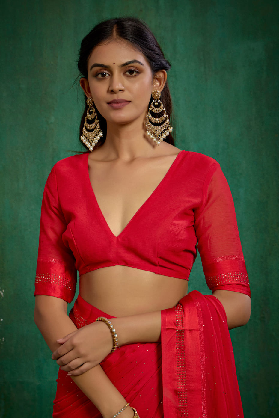 Elegant Red Chiffon Swarovski Ready to Wear Saree - Shop Now for Glamorous Style