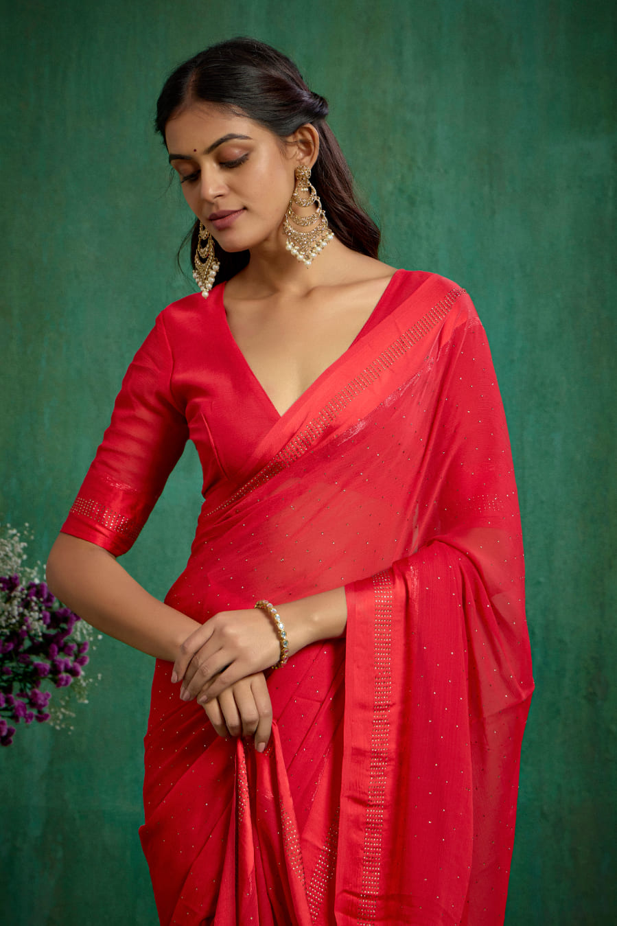 Elegant Red Chiffon Swarovski Ready to Wear Saree - Shop Now for Glamorous Style