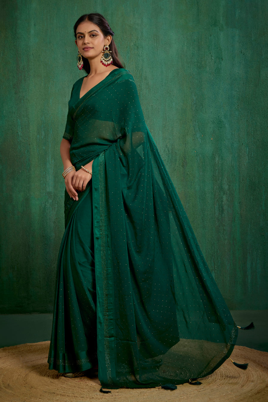 Elegant Green Chiffon Swarovski Ready to Wear Saree - Shop Now for Glamorous Style