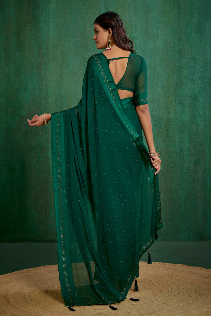 Elegant Green Chiffon Swarovski Ready to Wear Saree - Shop Now for Glamorous Style