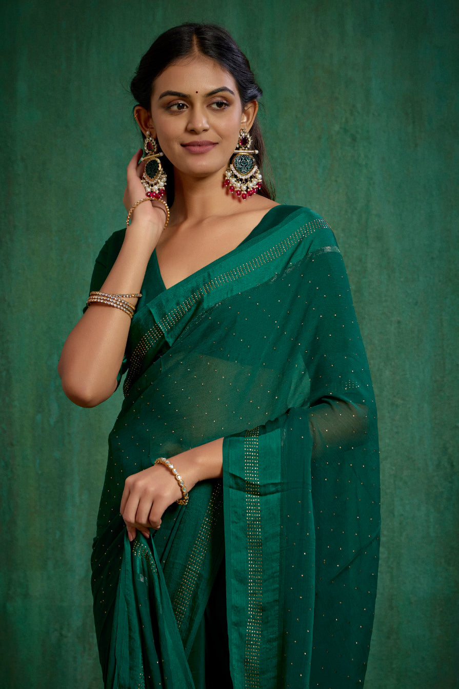 Elegant Green Chiffon Swarovski Ready to Wear Saree - Shop Now for Glamorous Style