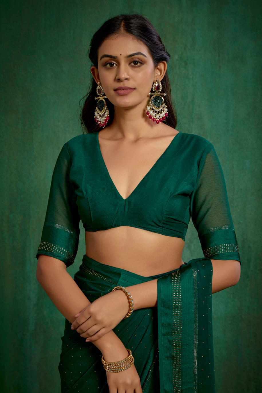 Elegant Green Chiffon Swarovski Ready to Wear Saree - Shop Now for Glamorous Style