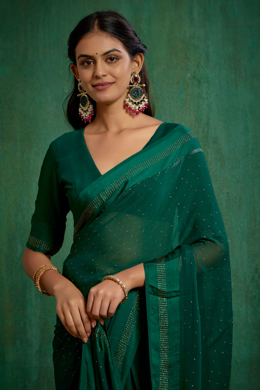 Elegant Green Chiffon Swarovski Ready to Wear Saree - Shop Now for Glamorous Style