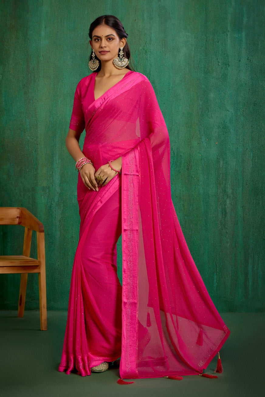 Elegant Pink Chiffon Swarovski Ready to Wear Saree - Shop Now for Glamorous Style