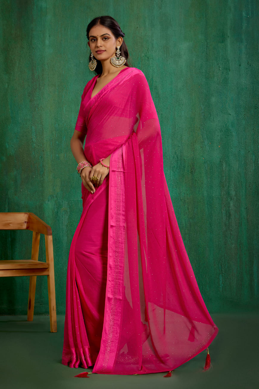 Elegant Pink Chiffon Swarovski Ready to Wear Saree - Shop Now for Glamorous Style