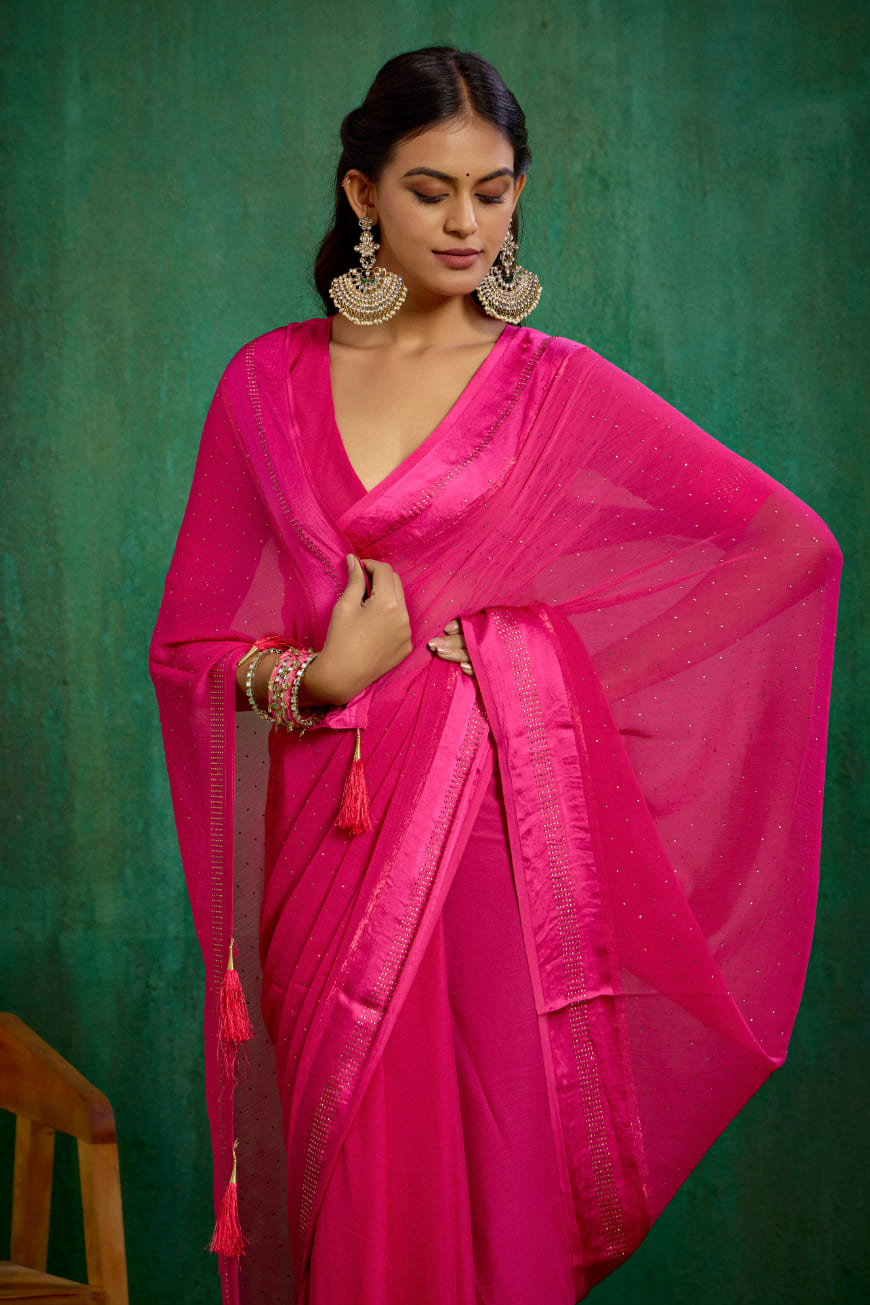 Elegant Pink Chiffon Swarovski Ready to Wear Saree - Shop Now for Glamorous Style