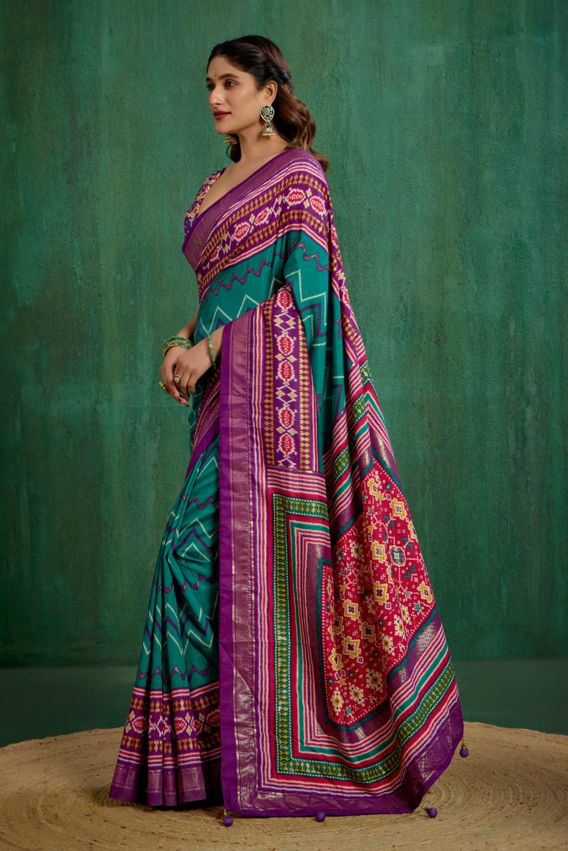 Purple Velvet Tusser Silk Patola Print Ready to Wear Saree - Elegant & Stylish Fashion