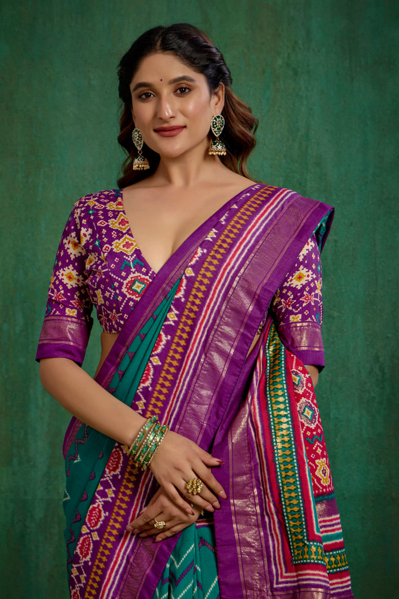 Purple Velvet Tusser Silk Patola Print Ready to Wear Saree - Elegant & Stylish Fashion